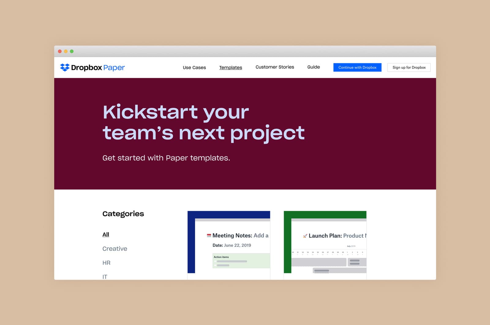 Dropbox Paper templates library page.